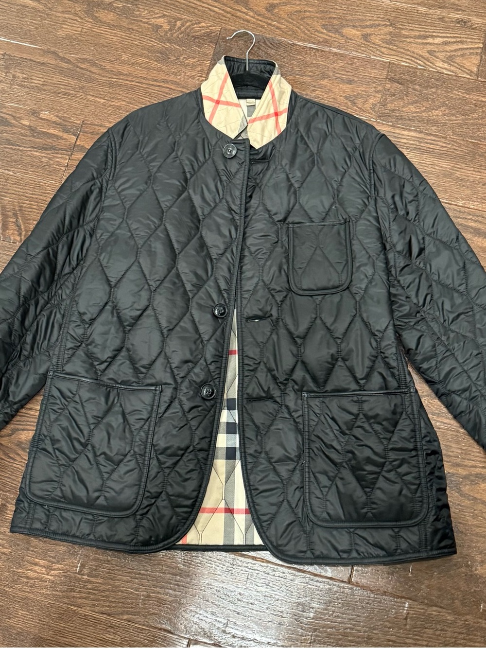 Burberry Brit Mens XL Black Diamond Quilted Jacket Check Lining Button Front